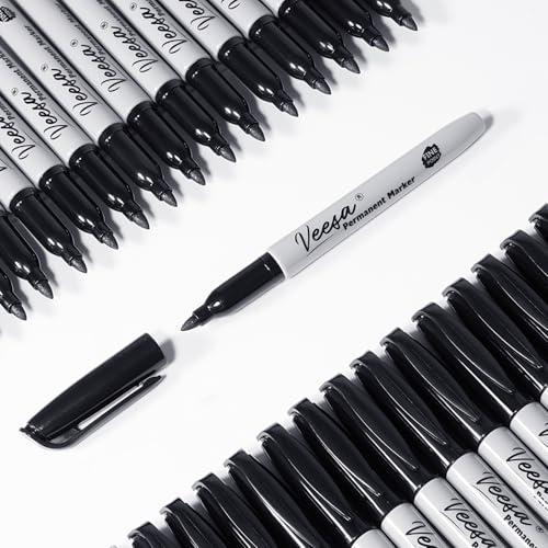 VEESA Black Permanent Markers Fine Tip, 75 Count, Quick Drying | Water- & Fade-Resistant, Marks on Wood Plastic Paper Metal - size: 1 Count (Pack of 75)