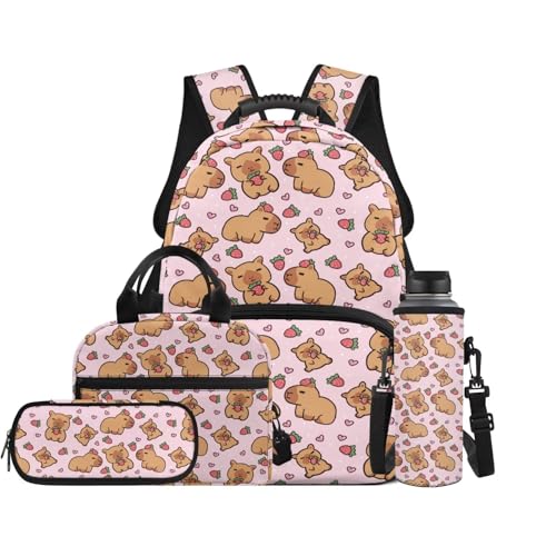 Strawberry Capybara 17 Inch School Bag Set for Boys 4 Pieces Soft Daily Kids Backpack with Lunch Box, Pencil Pouch & Water Bottle Holder for Elementary Ages 6-12 - color: Strawberry Capybara Print