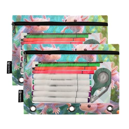 Cute Axolotl Pencil Pouches for 3 Ring Binder, Zipper Binder Pencil Case, 2 Pack Clear Window Case Bag for Office Organizers - color: Cute Axolotl
