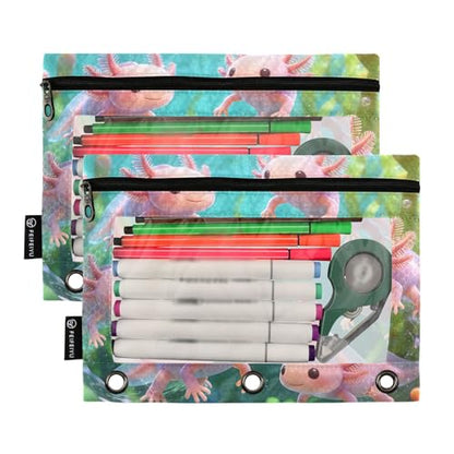 Cute Axolotl Pencil Pouches for 3 Ring Binder, Zipper Binder Pencil Case, 2 Pack Clear Window Case Bag for Office Organizers - color: Cute Axolotl