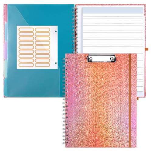 Glitter Clipboard Notebook with Storage for Letter Size, 8.5 x 11 Notepad Holder with 5 Folders and Dividers, Size 12.8X 9.7 in, Spiral Portfolio for Nursing Teacher School Supplies,Orange - color: Orange