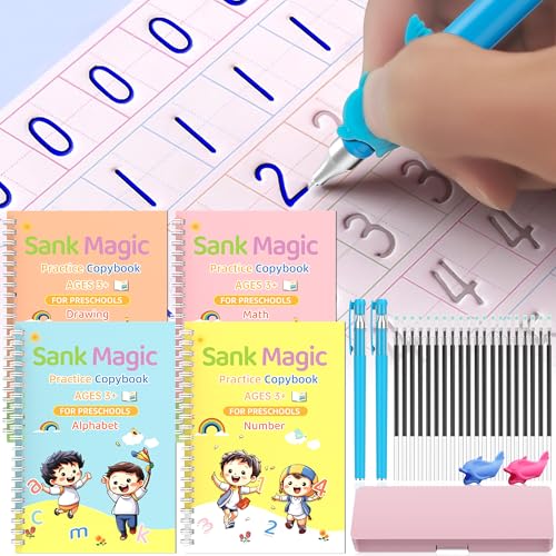 Grooved - 4 children's magic copybooks, Four-in-one pink pencil case set, magic grooved writing practice for kids, magic disappearing writing practice, grooved handwriting practice for kids. - color: Pink pencil case set