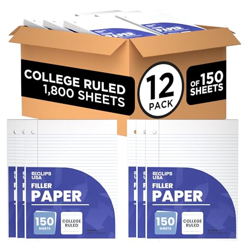 Loose Leaf Paper College Ruled Notebook Paper College Ruled Lined Writing Filler Paper 10.5” x 8” 1800 Sheets 150 Sheets Per Pack 60 gsm (12 Pack) - size: 12 Pack