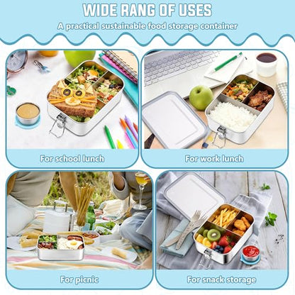 HaWare Stainless Steel Bento Lunch Box, 29oz (850ML) with Divider | 3 Compartment, Blue Condiment Container &Carrying Bag Included, Leak-Proof, Dishwasher Safe - color: Sky Blue, size: 29oz-(850ml)