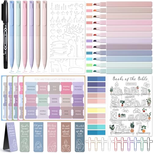 53 Pcs Bible Study Supplies, Bible Study Kit Journaling Supplies with 12 Bible Highlighters No Bleed and Tabs, 6 Pens, 6 Bookmarks, Books of the Bible Sticker and More, Christian Gifts for Women - color: Morandi
