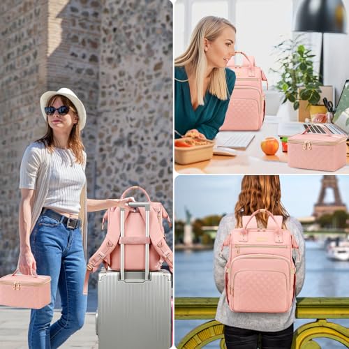 AIJIEKE Lunch Backpack for Women, 15.6 Laptop Backpack, Lunch Box, Pink | Water resistant computer bag with insulated leakproof cooler. Travel meal prep backpack for nurse, teacher, college commute - color: Pink