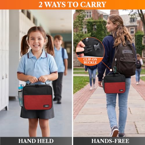 opux Insulated Lunch Bag for Kids, Reusable Lunch Box for School with Leakproof Lining, Compact Soft Cooler Tote for Boys & Girls, Front Pocket, Mesh Side Bottle Holder (Heather Red) - color: Heather Red