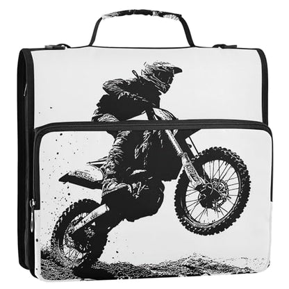 Motocross Rider Zipper Binder with Shoulder Strap, 500 Sheets Capacity, Multiple Pockets 1.5Inch 3 Ring Zipper Binder - color: Motocross Rider