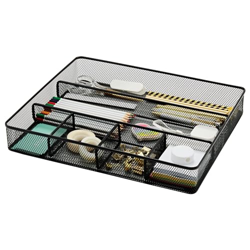 Annova Desk Top Organizer Tray for Office Organization - Metal Mesh - Storage Tray with Dividers for Pens, Desktop Accessories, Bathroom, Kitchen, Makeup and Office Supplies (Large, Black) - color: Black, size: Large