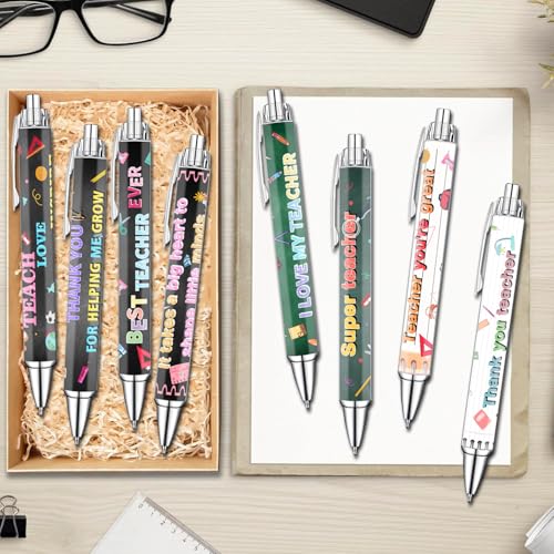 Teacher Appreciation Week Ballpoint Pens Set of 8 – Teacher Theme Pens with Book, Pencil & Classroom Supply Designs and Inspiring Quotes – Smooth Black Ink Pens for Classroom, Office, Thank You Gifts - style: Teacher-Style2