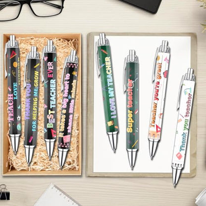 Teacher Appreciation Week Ballpoint Pens Set of 8 – Teacher Theme Pens with Book, Pencil & Classroom Supply Designs and Inspiring Quotes – Smooth Black Ink Pens for Classroom, Office, Thank You Gifts - style: Teacher-Style2