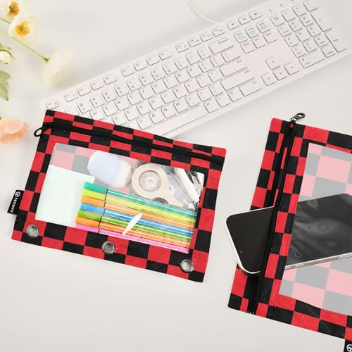 Crimson Chessboard Binder Pouches 3 Ring for Boys Girls School Office College Supplies DarkRed Buffalo Plaid Black Pencil Pouches Case Bag with Clear Window and Zipper 2 Pack - color: Crimson