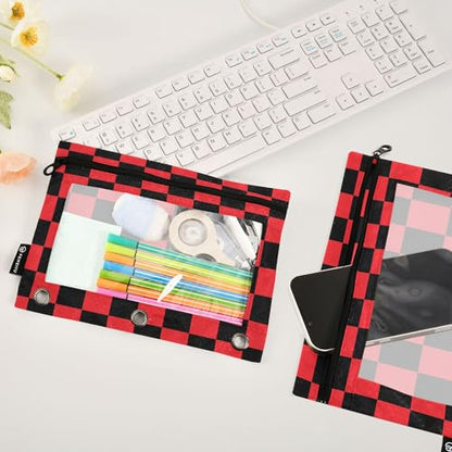 Crimson Chessboard Binder Pouches 3 Ring for Boys Girls School Office College Supplies DarkRed Buffalo Plaid Black Pencil Pouches Case Bag with Clear Window and Zipper 2 Pack - color: Crimson