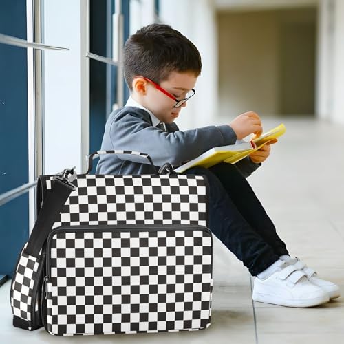 Black White Checkered Binder Bag 3 Ring Zipper Binders with Shoulder Strap for School Office Organizer Storage - color: Q037