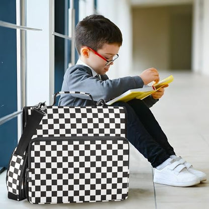 Black White Checkered Binder Bag 3 Ring Zipper Binders with Shoulder Strap for School Office Organizer Storage - color: Q037