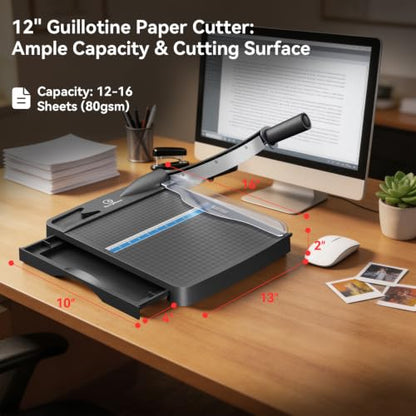 12 Inch Heavy Duty Paper Cutter, Wood Guillotine Paper Cutter & Paper Trimmer, 12-16 Sheets Capacity Paper Cutting Board for Classroom, Crafting, Cardstock Black (Matte Black)