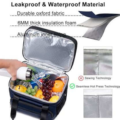 Weitars Insulated Lunch Box for Women Men-Dual Compartment Waterproof Reusable Large Lunch Bag Wide-Open Tote Cooler Bag For Working Picnic Hiking (15L) (Blue) - color: Blue