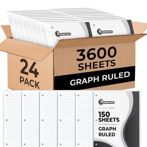 Rosmonde Loose Leaf Paper Bulk, 3600 Sheets, 24 Pack, Quad Ruled Sheets, 8" x 10.5", 3 Hole Punched, Bulk Notebook Papers, Graph Ruled Filler Paper for Binders, 150 Sheets/Pack, White - size: 24 Pack (3600 Sheets)