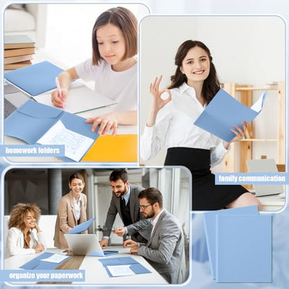 Gueevin 150 Pcs Plastic Folders with Pockets, Two Pocket Folder Fit 8.5 x 11 Inch Letter Size Paper, Heavy Duty School Folders Business Card Holder for Home Office School Bussiness (Haze Blue) - color: Haze Blue