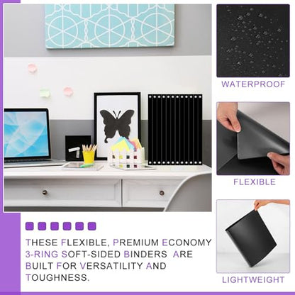 Fulmoon 24 Pcs 3 Ring Plastic Binders Bulk with 2 Pockets Flexible Binder with Transparent View Cover Plastic Binder for Home Office(1 Inch,Black) - color: Black, size: 1 Inch