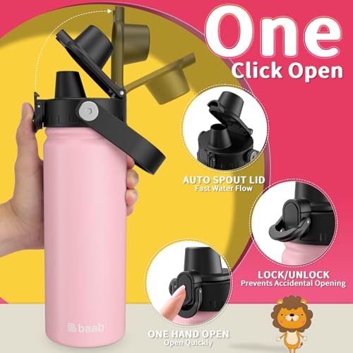 baab 20oz Kids Water Bottle, Insulated Kids Water Bottle with Lockable Spout Lid & Stickers, 18/8 Stainless Steel Vacuum Leakproof Kid Water Cup for Boy Girl & School (Pink+Mint Green, 2 Pack) - color: Pink+Mint Green, size: 20 Ounces