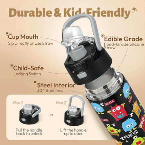 Itslife Bento Box for Kids Set, Insulated Food Container,Kids Lunch Box, 7 oz Thermos for Hot Food, 12 oz Thermos Water Bottle, Reusable Insulated Ice Bag & Fork Spoon Utensils Camping Travel Black - color: Black-MN