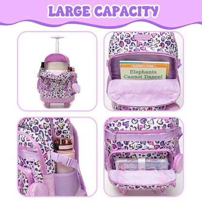 Kids Rolling Backpack with Wheels,3PCS Kids Trolley School Bag Set with Lunch Box & Pencil Case,Bookbag for Elementary School Travel - color: Purple Multicolor Love