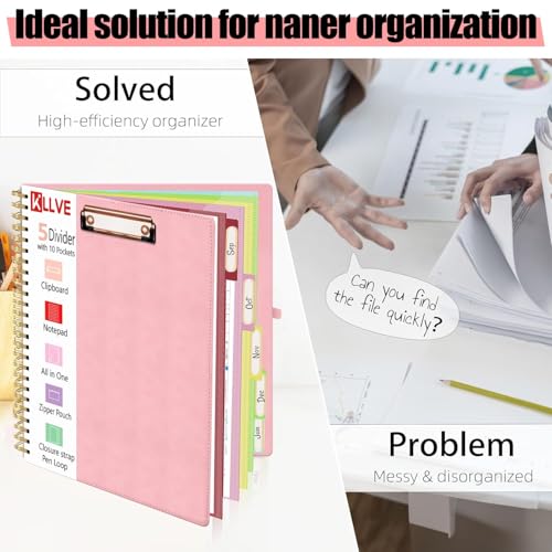 Pink Foldable Spiral Clipboard Folio with Storage Zipper Pouch, 5 Plastic Folders with Pockets,Refillable Lined Notepad (8.5" x 11"), Hardcover Project Organizer with 39 Stickers - color: Pink