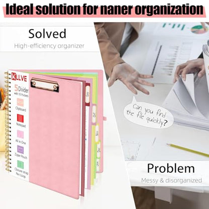 Pink Foldable Spiral Clipboard Folio with Storage Zipper Pouch, 5 Plastic Folders with Pockets,Refillable Lined Notepad (8.5" x 11"), Hardcover Project Organizer with 39 Stickers - color: Pink