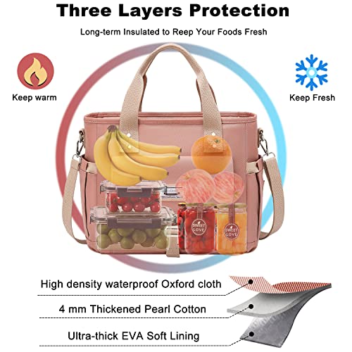 Weitars Lunch Bag for Women Work,Insulated Lunch Box Extra Large Lunch Tote Bag,Wide-Open Tote Cooler Bag With Removable Shoulder Strap with Side Pocket,Lunchbag For Picnic Hiking Beach - color: Pink