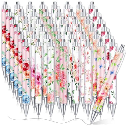Cholemy 48 Pieces Flower Pens Bulk Spring Floral Ballpoint Pens Colorful Floral Retractable Black Ink for Women Spring Flower Writing Journaling Gifts Office Supplies - style: Spring