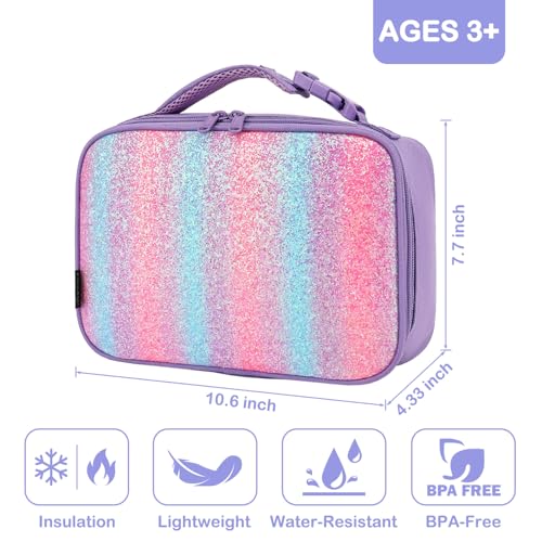 FlowFly Kids Lunch box Insulated Soft Bag Mini Cooler Back to School Thermal Meal Tote Kit for Girls, Boys,Purple#Glitter - color: Purple#Glitter