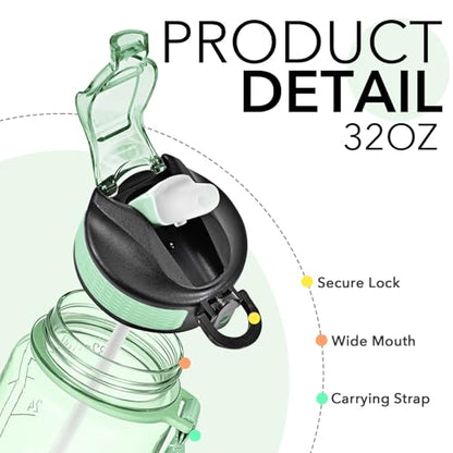 Hyeta Water Bottle with Straw & Time Marker, Plastic 32oz Leakproof | Motivational Tritan BPA Free Gym Office Outdoor Intake Tracker Hourly Reminder Straw Lid Carry Strap - color: Clear Green