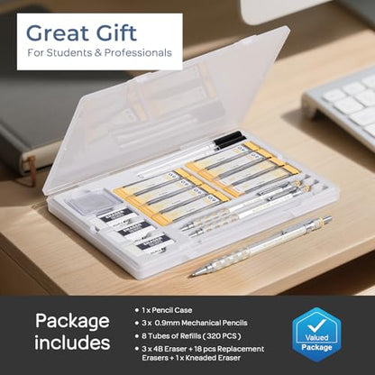 Nicpro Blocky Gear 0.9 mm Mechanical Pencils Set in Case, 3 Pack Metal Pencil 8 Tube with Lead Refills 0.9mm (HB 2B), 3 Erasers for Professional & Adult Art Writing Drafting Drawing - style: 0.9mm
