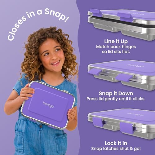 Bentgo Kids Stainless Steel Leak-Resistant Lunch Box - 3-Compartments with Bonus Silicone Container, Durable, Eco-Friendly, Dishwasher Safe, BPA-Free, Ideal for School, Ages 3+ (Purple) - color: Purple