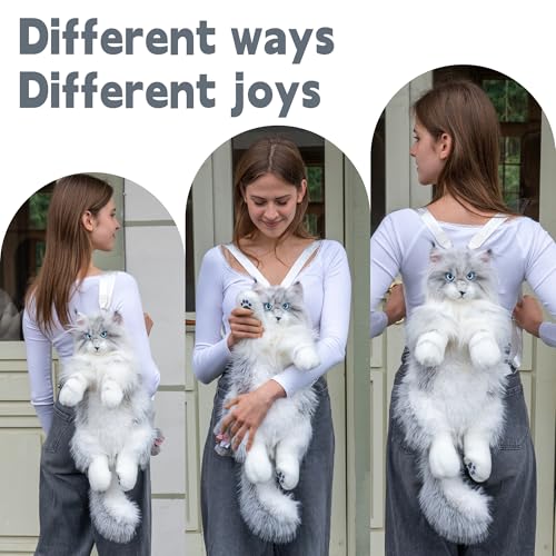 Chongker Cat Shaped Backpack - Handcrafted Stuffed Animals Plush Bag with Adjustable Shoulder, Crossbody, and Handbag Straps - style: Silvertiger Cat