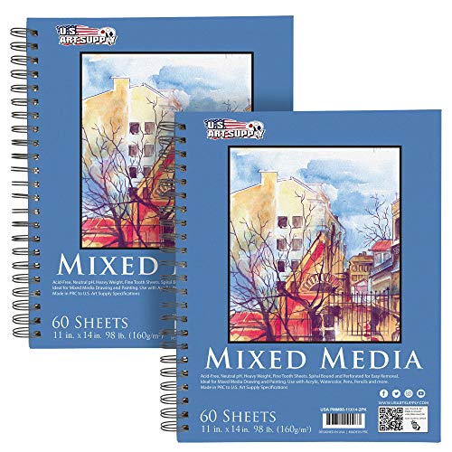 U.S. Art Supply 11"x14" Mixed Media Sketchbook, 2 Pack (60 Sheets), 98 lb (160 GSM) - Spiral-Bound Pad with Perforated Acid-Free Paper - Artist Sketch Book for Drawing, Painting, Watercolor - size: 11-x-14-inch