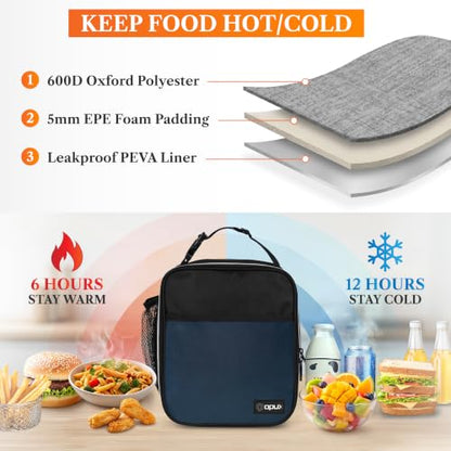 opux Insulated Lunch Bag for Kids Boys Girls, Small Compact Lunch Box with Wide Opening & Mesh Pockets, Reusable Lunch Pail for School, Work, Adults, Men, Women, Navy - color: Navy