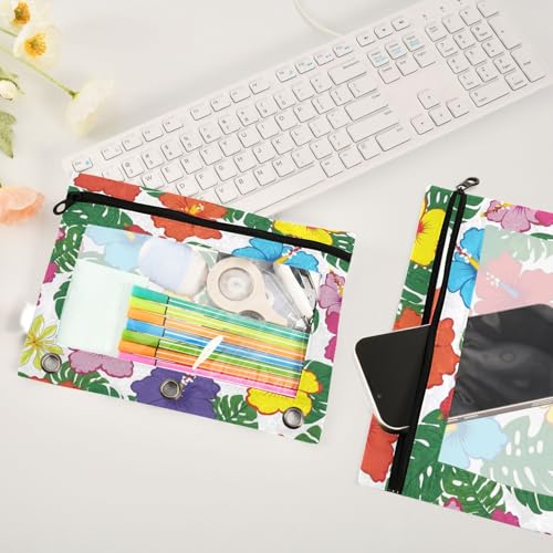 Blueangle Hawaiian Palm Leaves Pencil Pouch for 3 Ring Binder, 2 Pack Clear Window Zipper Pencil Bags for Office