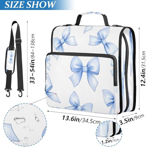 Blue Bow Zipper Binder 3 Ring with Shoulder Strap and Handle Multiple Pockets Expanding File Folder Organizer