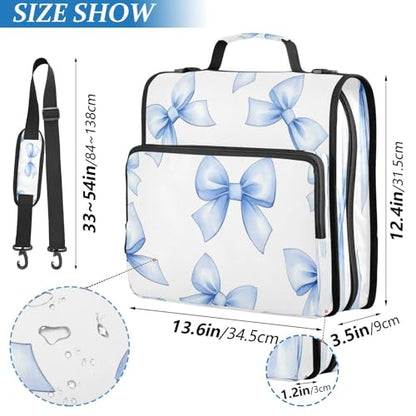 Blue Bow Zipper Binder 3 Ring with Shoulder Strap and Handle Multiple Pockets Expanding File Folder Organizer