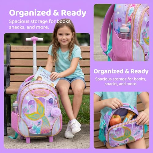 Kids Rolling Backpack for Girls Mermaid Trolley Suitcases Luggage with Wheels Bookbag Wheeled 3pcs on Lunch Box Pencil Case Elementary Teenagers Pink for Girls Age 5-12 - color: Pink-0130-meirenyu