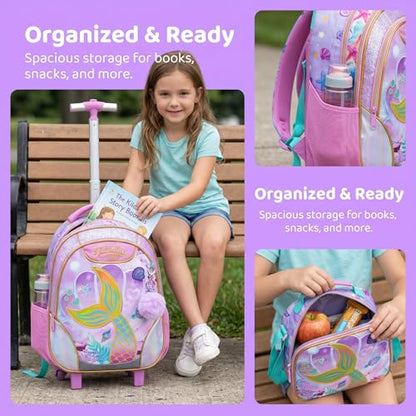 Kids Rolling Backpack for Girls Mermaid Trolley Suitcases Luggage with Wheels Bookbag Wheeled 3pcs on Lunch Box Pencil Case Elementary Teenagers Pink for Girls Age 5-12 - color: Pink-0130-meirenyu