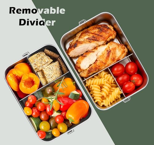 Leonyo 81oz 18/10 Stainless Steel Lunch Box for Adults, 2400ml Metal Bento Box with Divider, Leak-Proof Lunch Food Containers for Woman Man, Dishwasher Safe, Oven Safe Except for Lid - size: 2400ML