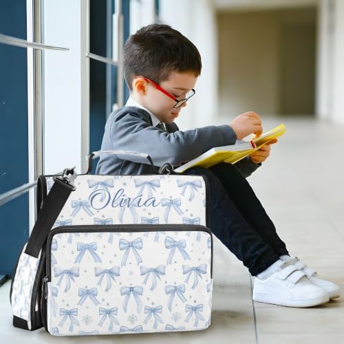 Personalized Blue Bow 1.5 Inch Zipper Binder with Name,3 Ring School Binder | Your selected font will be printed with a matching outline to complement the bow design. - color: Personalized Blue Bow