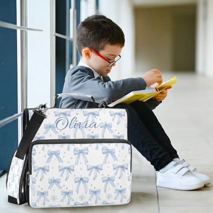 Personalized Blue Bow 1.5 Inch Zipper Binder with Name,3 Ring School Binder | Your selected font will be printed with a matching outline to complement the bow design. - color: Personalized Blue Bow