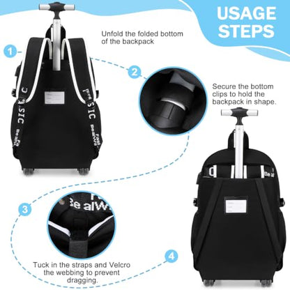 Bevalsa Rolling Backpack for Boys, Roller Backpack with Wheels, Wheeled School Bag with Sling Bag, Lunch Box & Pen Case for Kids Children Teens Elementary Middle Student Glow In The Dark - color: Black