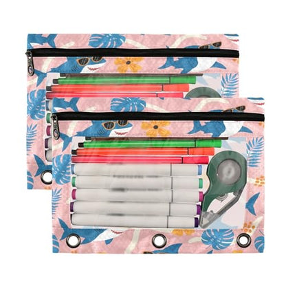 Blueangle Tropical Leaf Shark Pencil Pouch for 3 Ring Binder, 2 Pack Clear Window Zipper Pencil Bags for Office