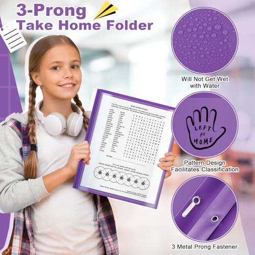 Henoyso 24 Pcs Plastic Folders with Clear Front Pockets and Prongs School to Home File Organizer Plastic Folder for Back to School Parent Teacher Communication Homework Office (Purple) - color: Purple