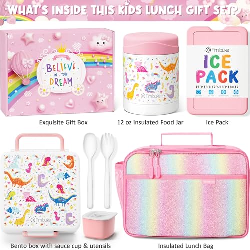 Fimibuke Kids Bento Snack Lunch Box with Thermo Insulated Toddler Lunch Bag | Lunch Box Kids with 4 Compartment, Food Jar, Ice Pack, Utensils, Birthday Gifts for Ages 3-12 Back to School Toddler Girl Boy - color: A4.White Dinosaur